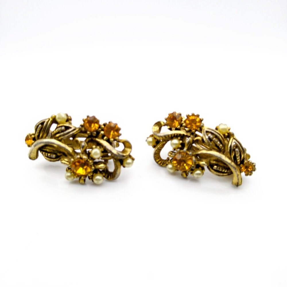 Vintage STAR Brand Clip On Earrings with Topaz Crystals and Seed Pearls